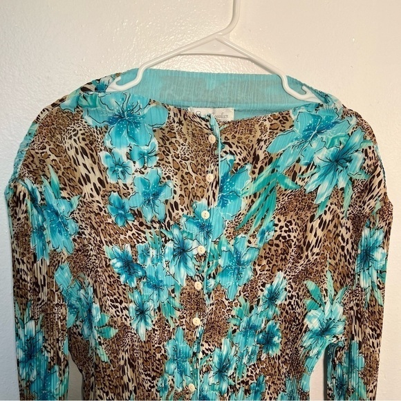 Vintage Great Cavalier by St. Paul Reversible Blouse Teal Floral Animal Print - Picture 3 of 12